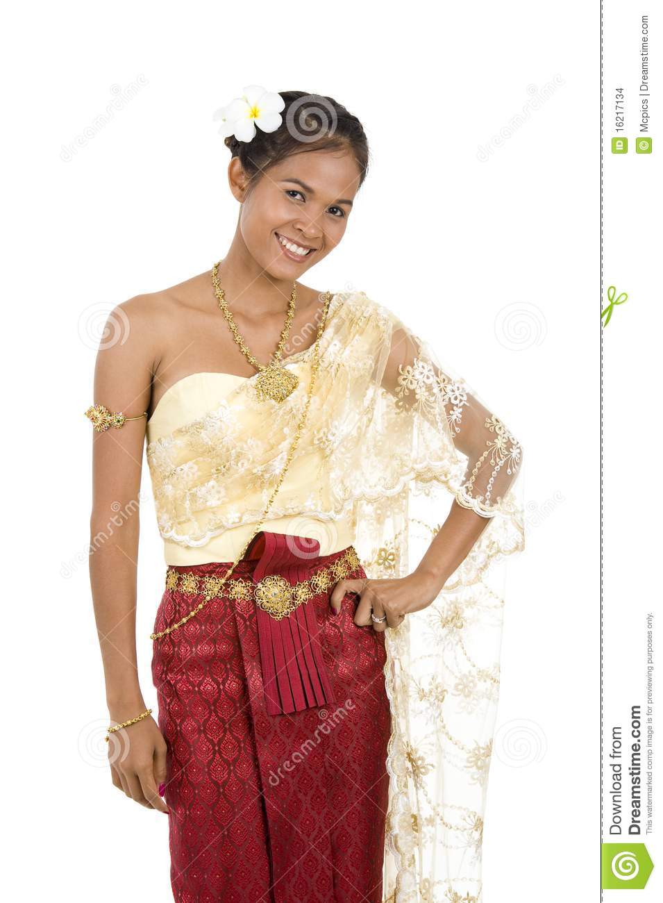 Pretty Thai Woman In Traditional Clothes Isolated On White Background