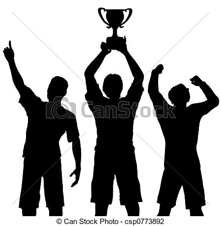 Silhouettes Of Three Team Players Win A Trophy And Celebrate A Sports