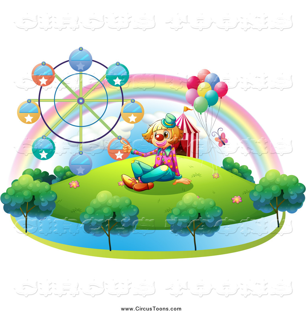     Clipart Of A Sitting Clown With Party Balloons On A Carnival Island By
