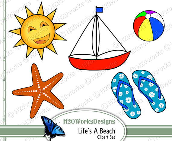 Life S A Beach Clipart Set   Starfish Sun Palm Tree Sunglasses