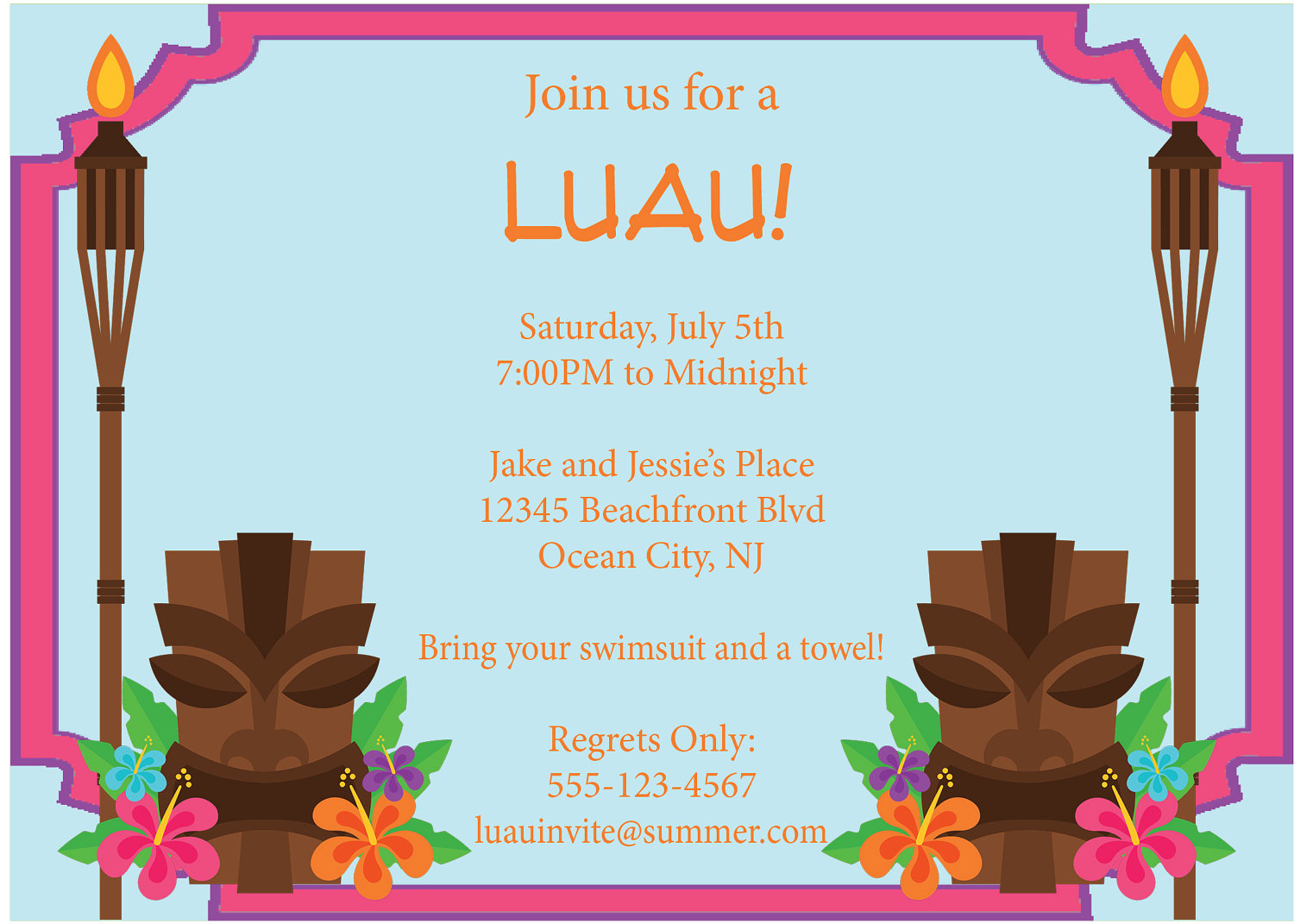 Luau Invitation Tiki Torches Summer Pool Party By Cowprintdesigns