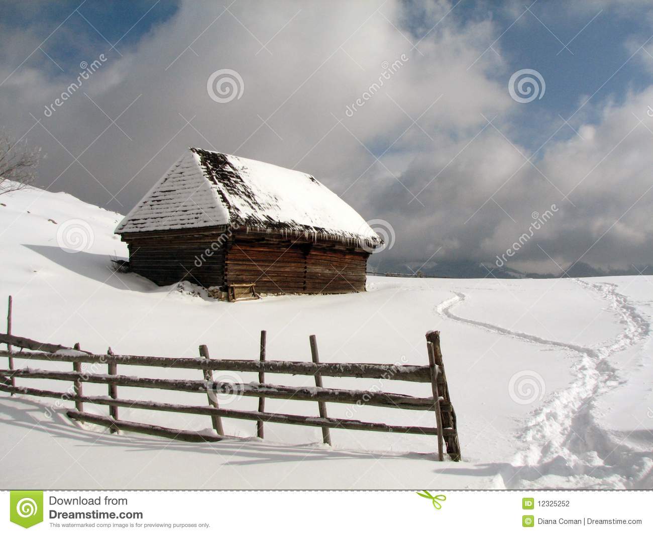 Old Wood House In Winter Blue Sky White Snow 
