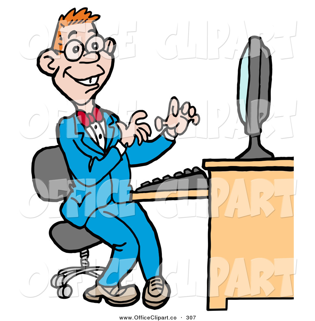 Red Haired Computer Geek Man In A Blue Suit Working On A Computer