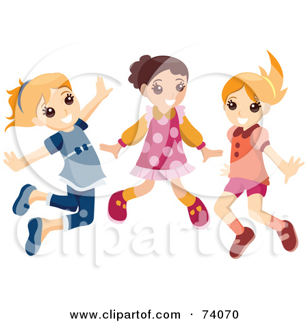 Rf  Clipart Illustration Of A Group Of Three Energetic Jumping Girls
