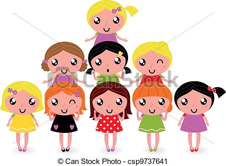 Vector Clip Art Of Happy Little Girls Group Isolated On White