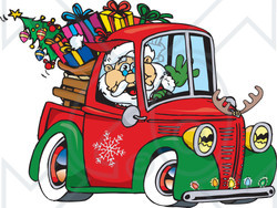 Clipart Illustration Of Santa Waving And Driving A Pickup Truck Sleigh