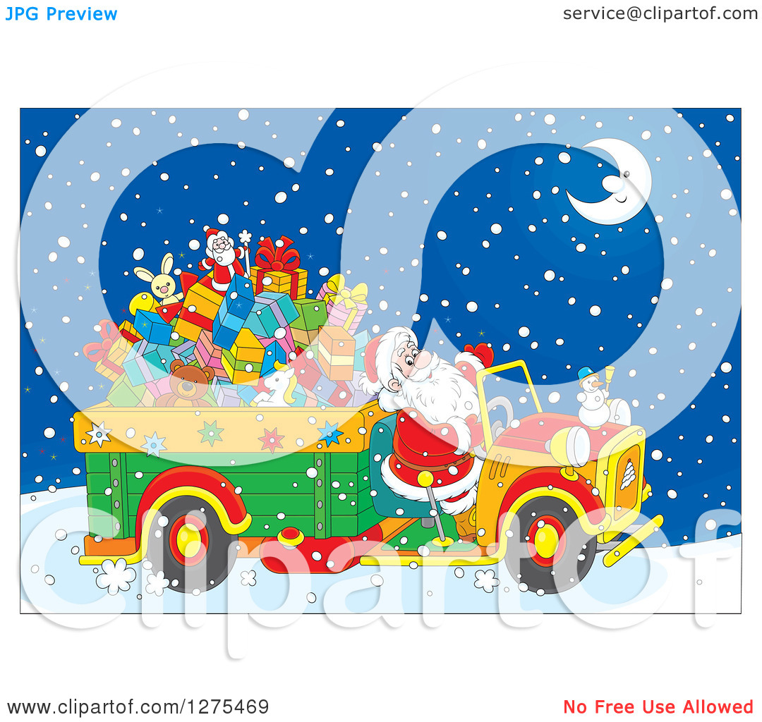 Clipart Of Santa Driving A Truck Full Of Christmas Gifts And Toys    