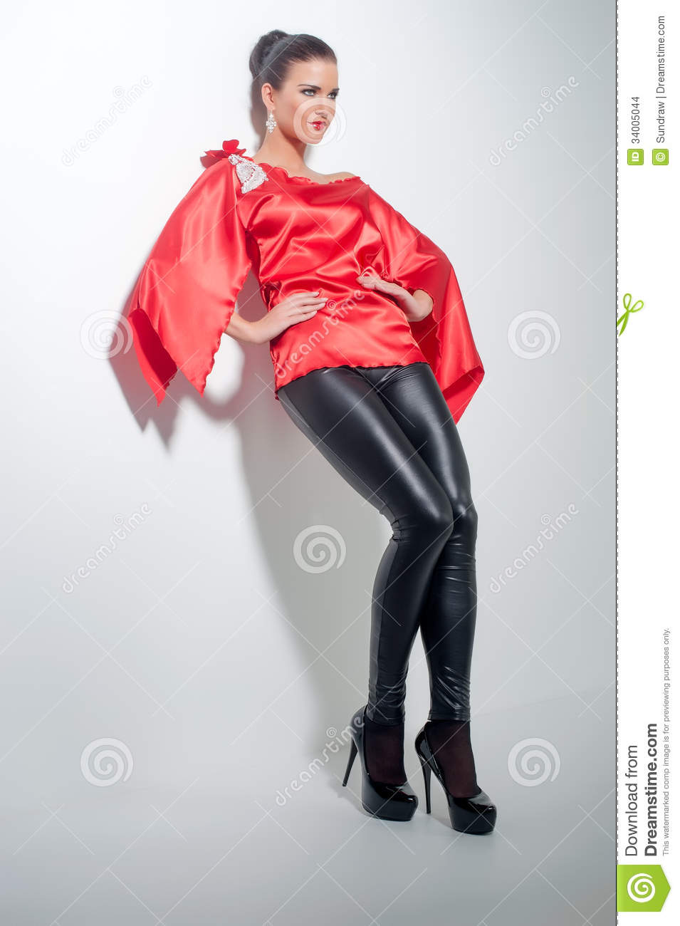 In Red Silk Tunic And Black Leggings Stock Images   Image  34005044