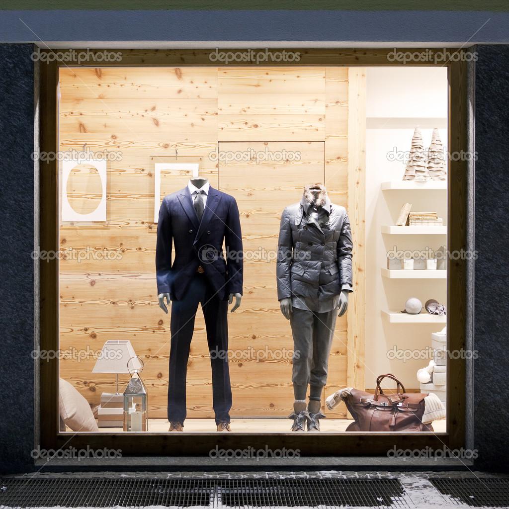 Stylish Casual Clothing In Store Window   Stock Photo   Dingalt