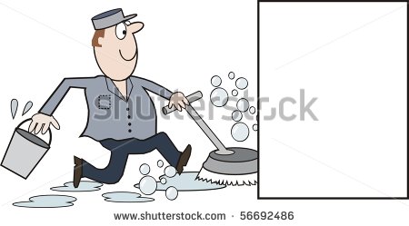 Cleaning Man Running With Floor Polisher And Scrubber    Stock Vector