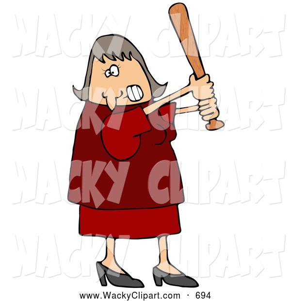 Clipart Of A Mad Caucasian Woman In A Red Dress And Heels Swinging A