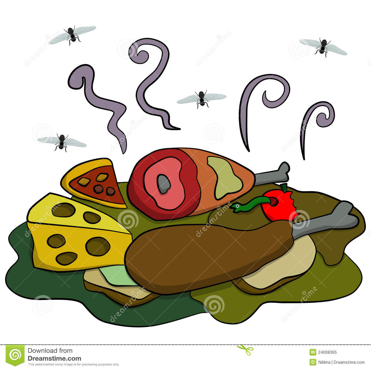 Humorous Cartoon Illustration Of Rotting Food With Flies
