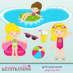 Kids Splashing In Pool Clip Art Girls Pool Party Clipart Set