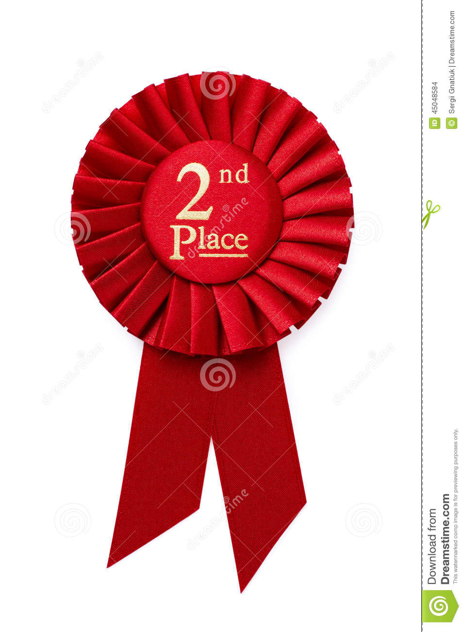 Red 2nd Place Ribbon Rosette With Gold Central Text In A Pleated