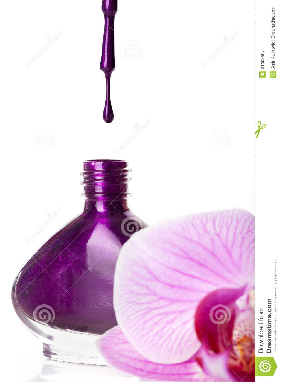 Shimmery Purple Nail Polish Dripping In A Bottle Next To A Pink Orchid    