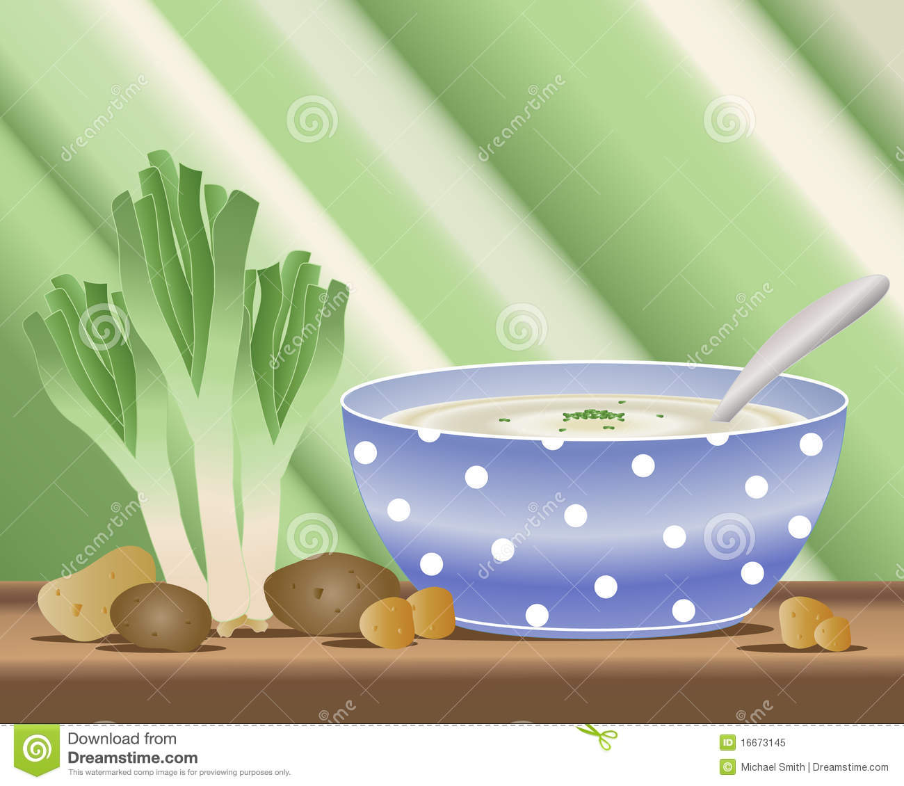 An Illustration Of A Bowl Of Potato And Leek Soup With Fresh Leeks And