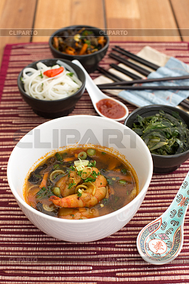 Asian Soup With Shrimps In White Ceramic Bowl Composed With Ceramic    
