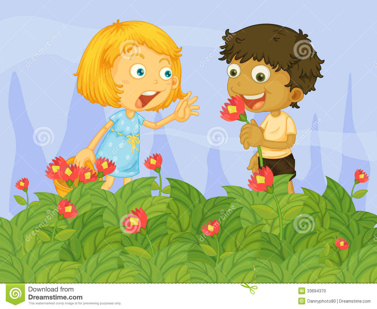 Cartoon Kids Picking Flowers