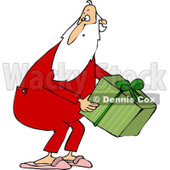 Clipart Of Santa Wearing Pjs And Picking Up A Gift   Royalty Free