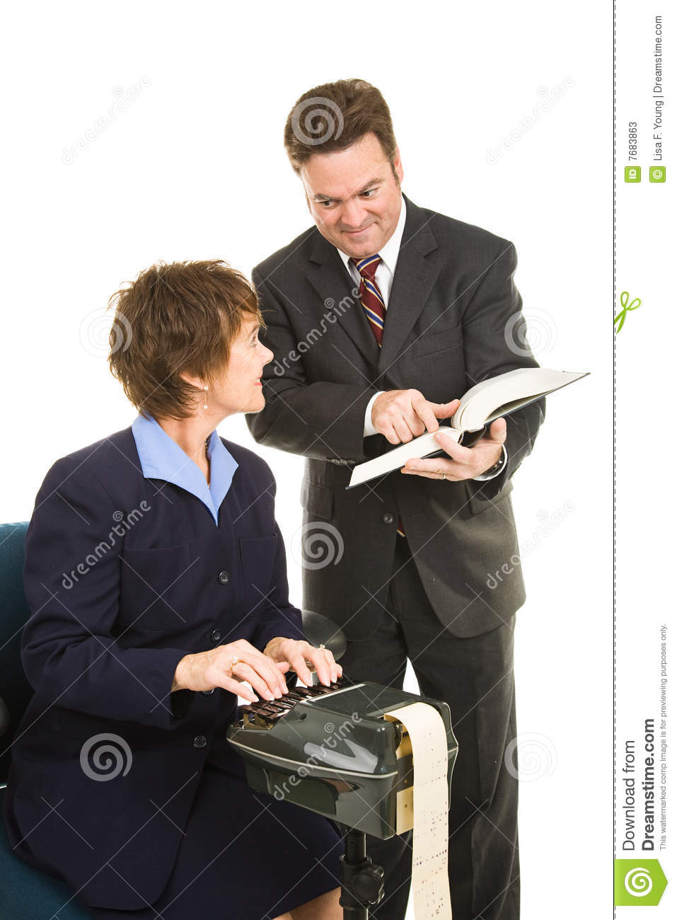 Court Reporter And Attorney Reviewing Legal Precedent In A Book