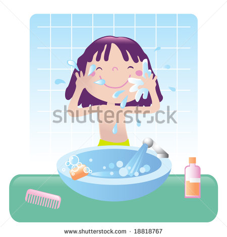 Cute Girl Washing Her Face In Bathroom Vector Illustration