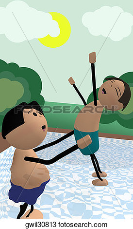 Drawing Of Side Profile Of A Father Picking Up His Child In A Swimming