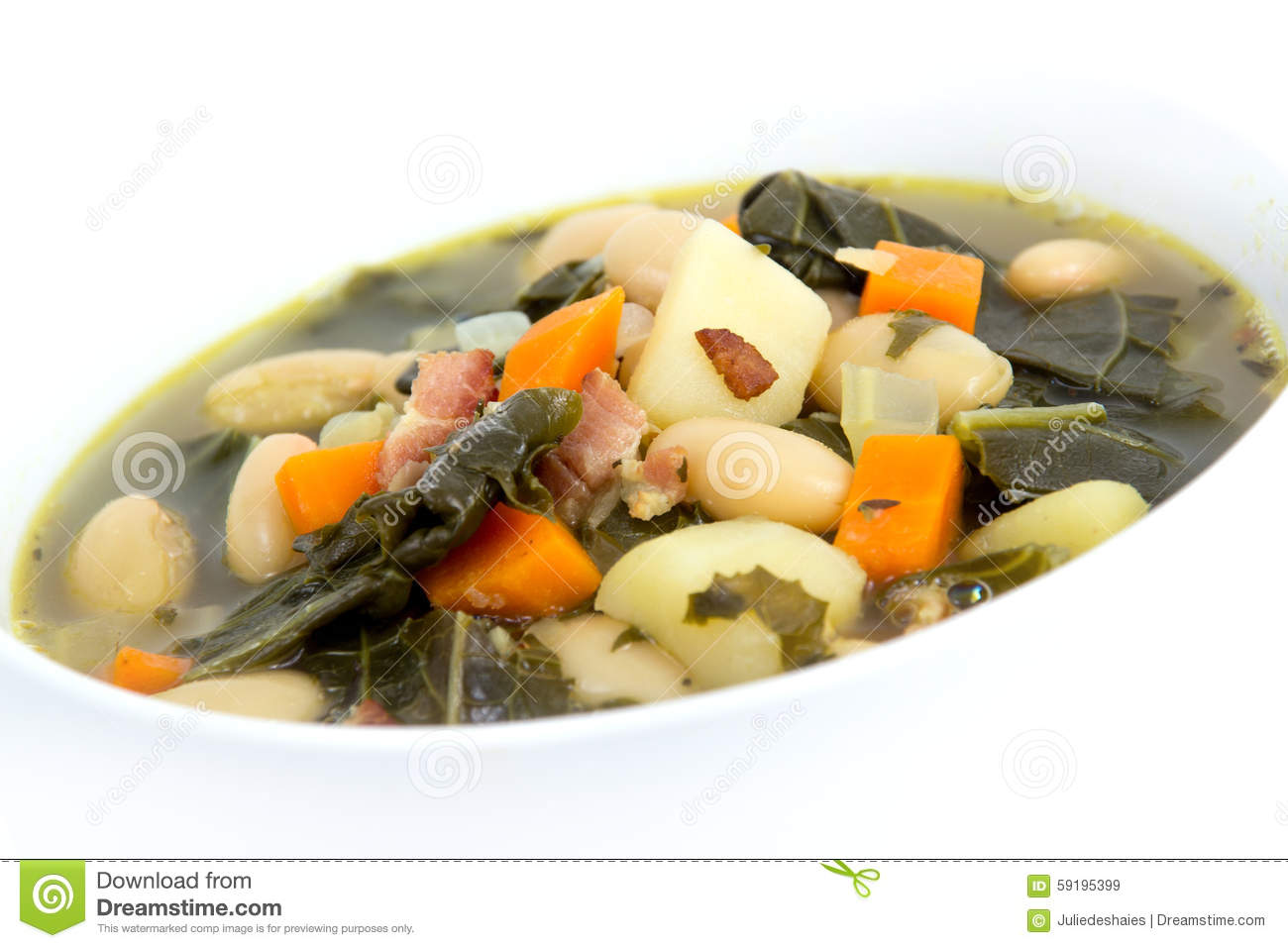 White Bean Bacon And Kale Healthy Soup Bowl Closeup Over White 