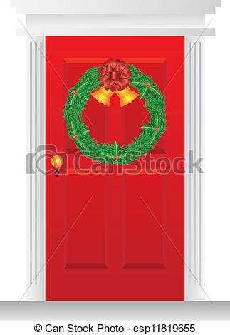 Christmas Wreath With Golden Bells Hanging On Red Door With Trimmings
