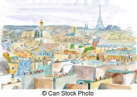 City Of Paris In Watercolor   Watercolor Illustration Of