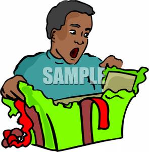 Free Clipart Image  A Surprised Boy Opening A Christmas Present