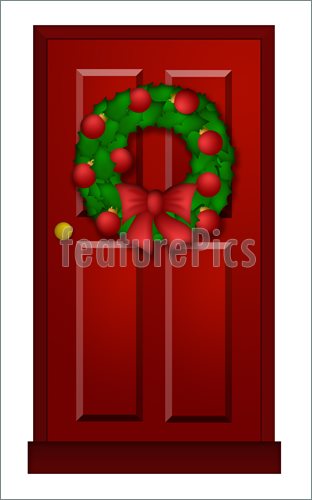 Red Door With Christmas Wreath Illustration
