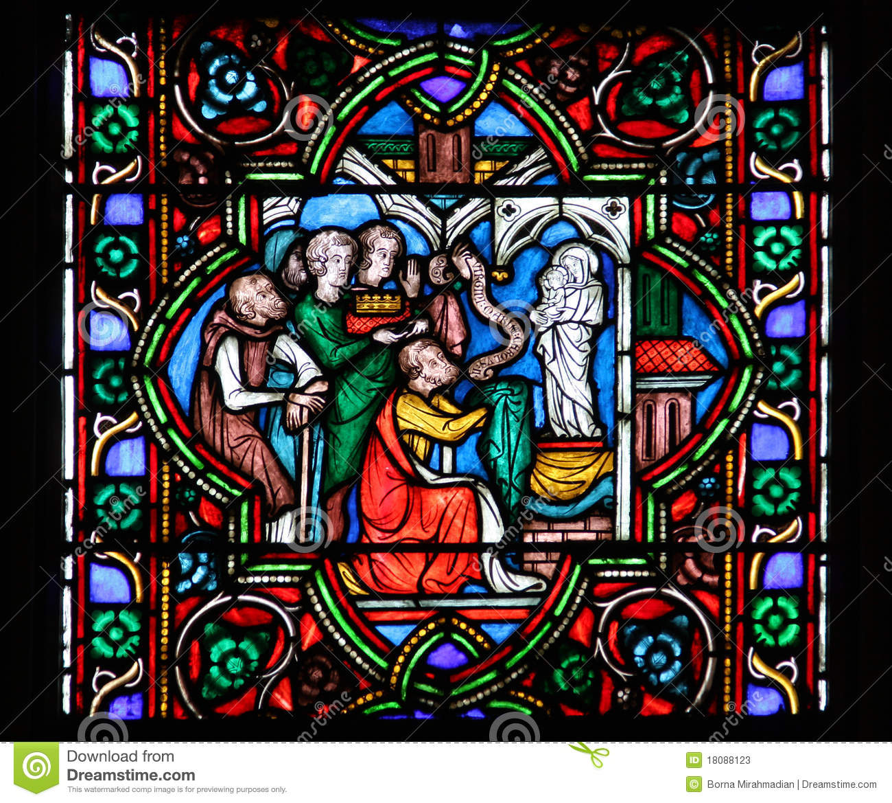 Stained Glass Of Notre Dame Cathedral In Paris Illustrating Birth Of