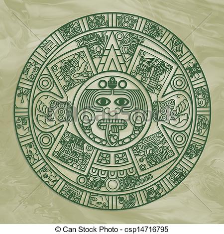 Stock Illustration Of Stylized Aztec Calendar In Green Color On Grunge