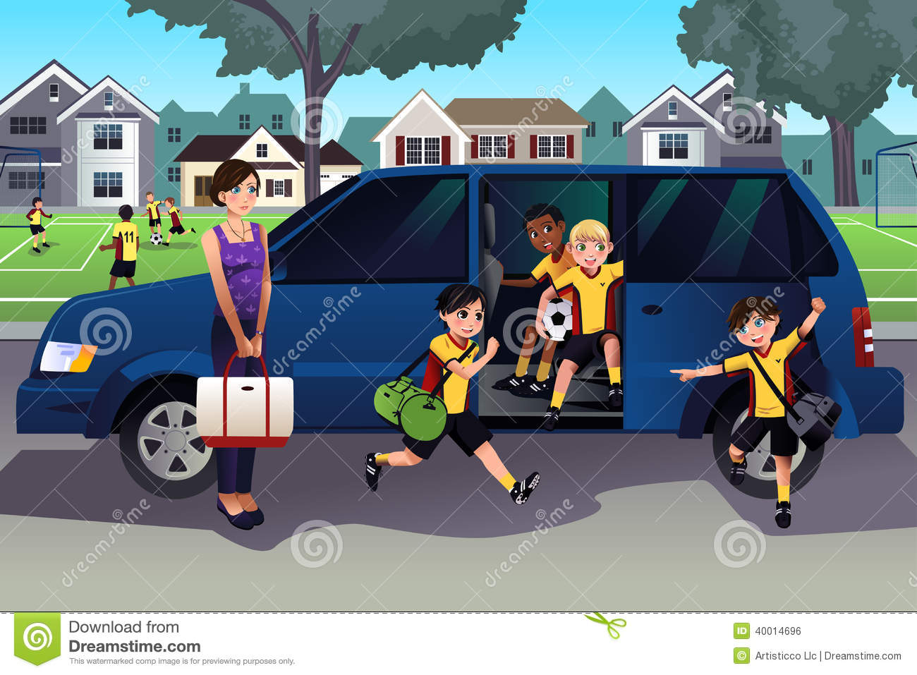 Vector Illustration Of Mother Driving Her Kids And Their Friends To