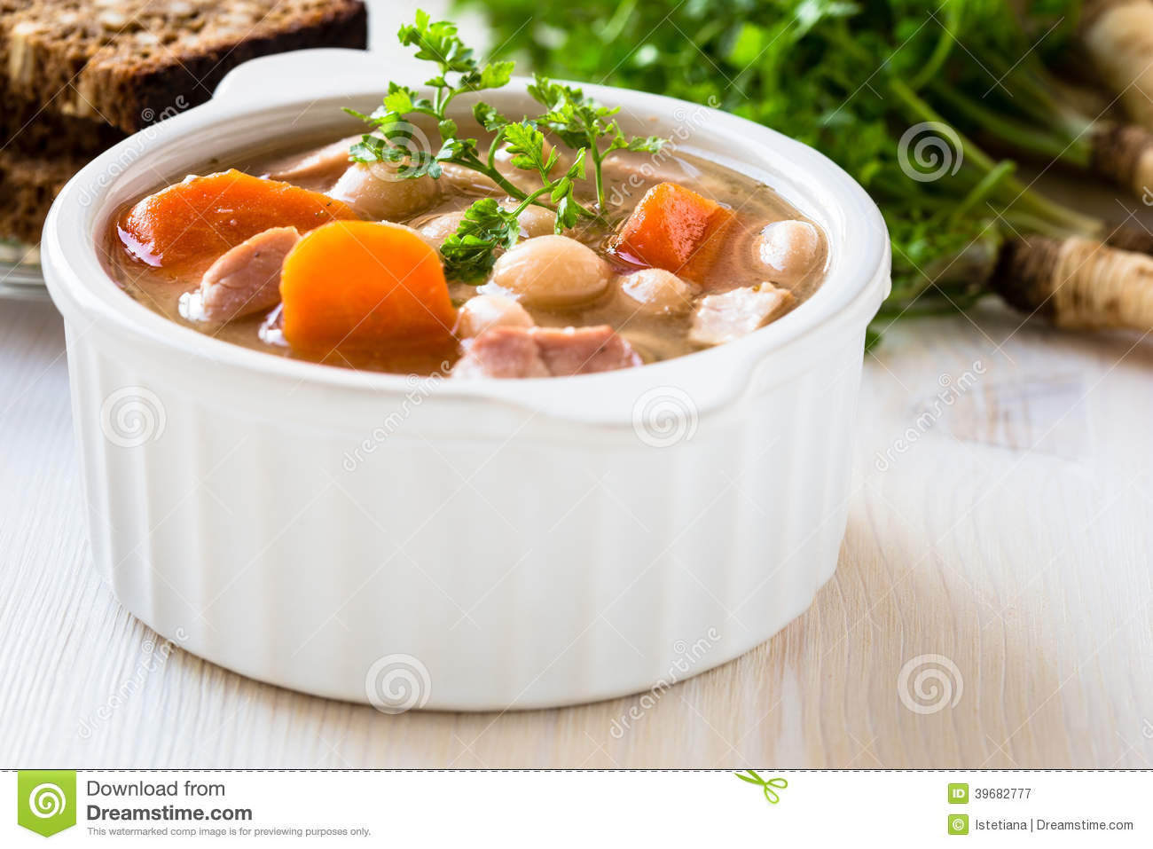White Bean Soup Made Of Beans Carrot And Ham Stock Photo   Image    