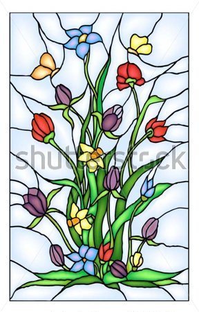 With Different Color Flowers And Butterfly Stained Glass Window Style