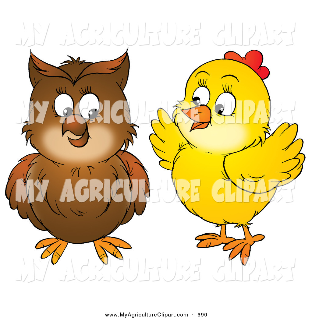 Agriculture Clipart Of A Cute Yellow Chick Talking To A Brown Owl By