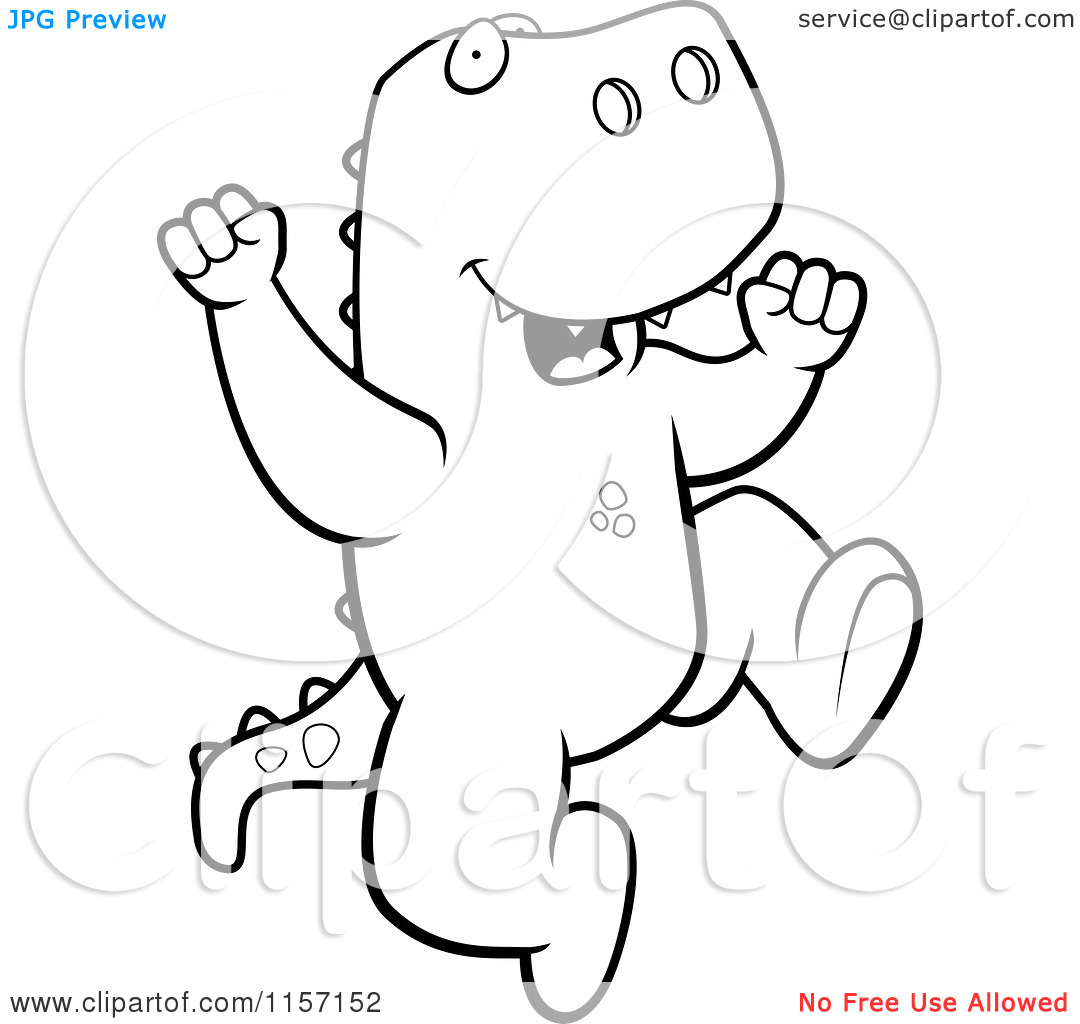 Cartoon Clipart Of A Black And White Happy T Rex Jumping   Vector    