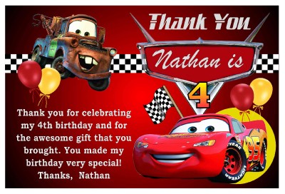 Details About Disney Cars Birthday Party Thank You Card Design W Or W