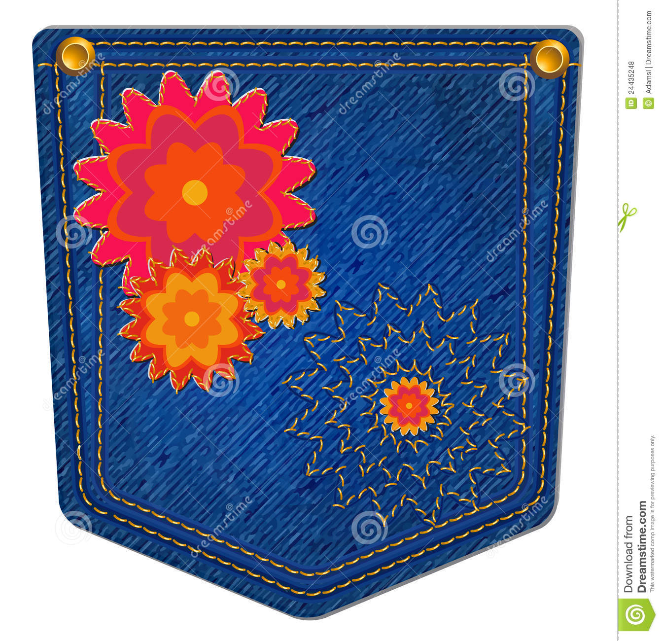 Jean Pocket Decorated With Bright Flowers And Gold Stitching