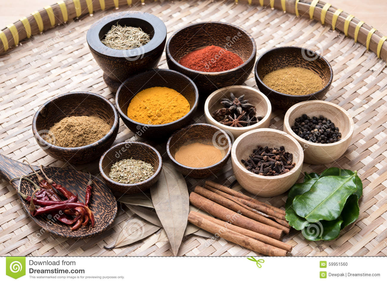 Mix Asian Herbs In The Wood Bolw 