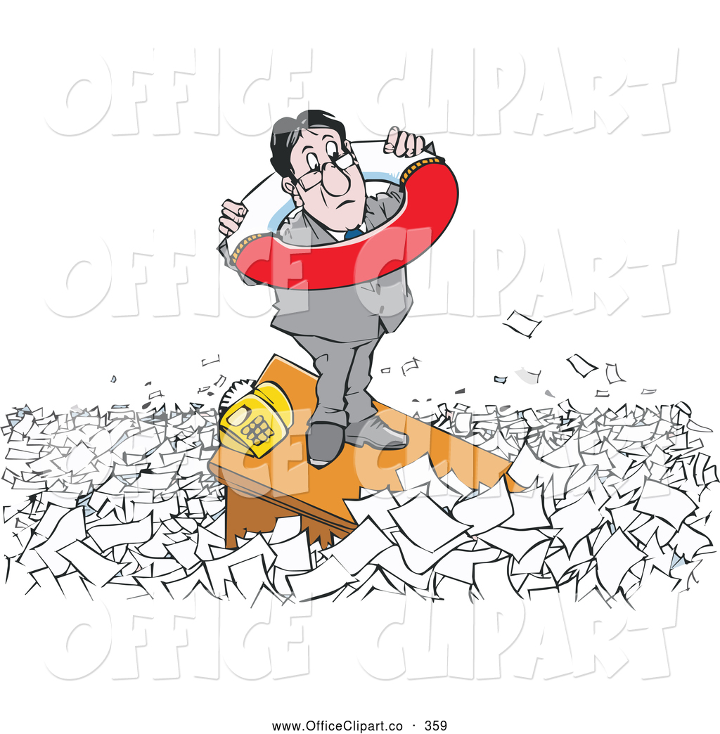 Preparing To Drown In Paperwork Standing On His Desk With A Life Buoy