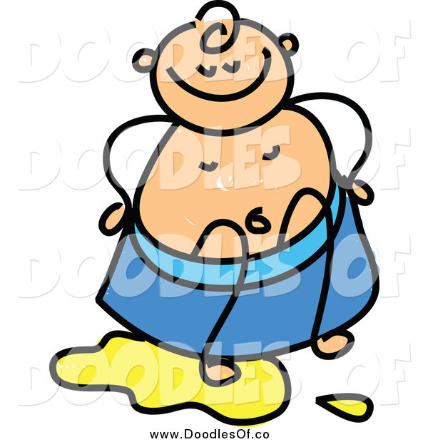 Vector Clipart Of A Doodled Baby Potty Training With Pee On The Floor    