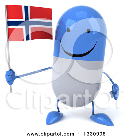 3d Happy Blue And White Pill Character Holding A Norwegian Flag