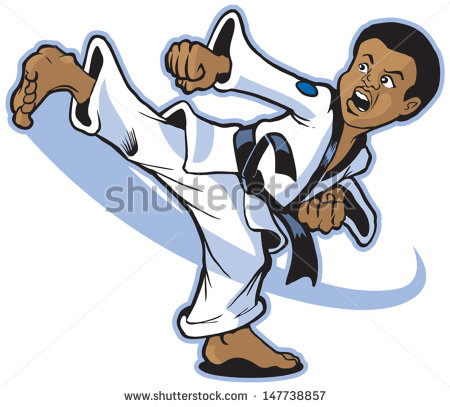     Boy Martial Artist Executing A Spinning Back Kick    Stock Vector