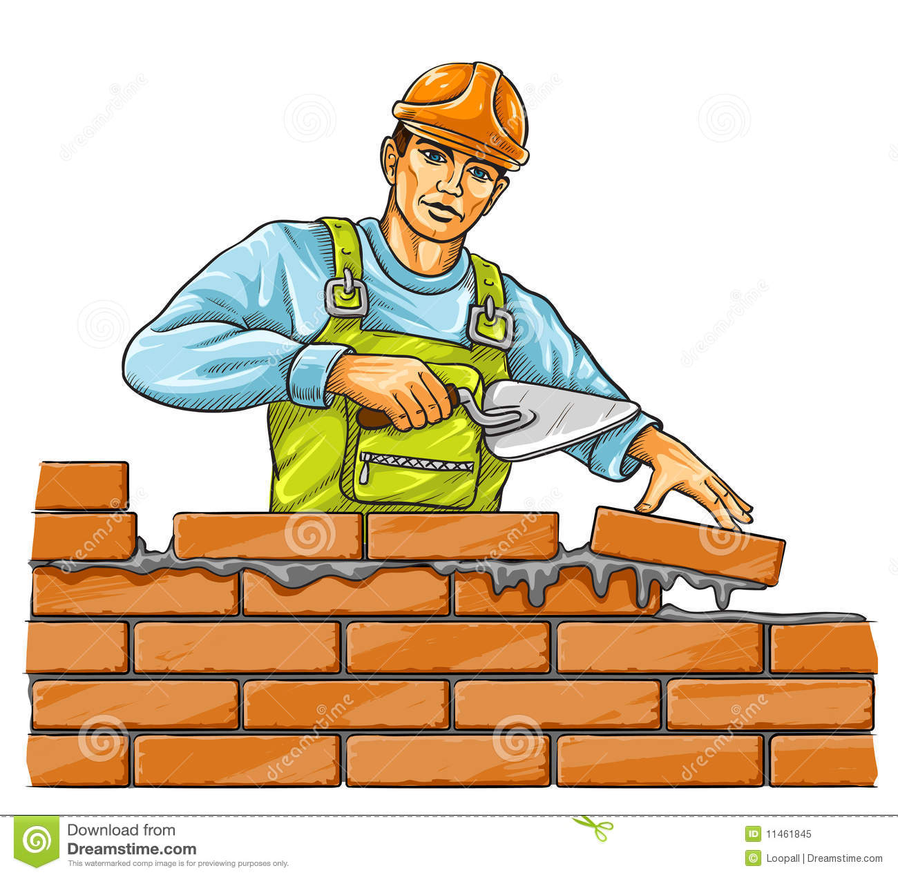 Builder Man With Derby Tool Building A Brick Wall Royalty Free Stock    