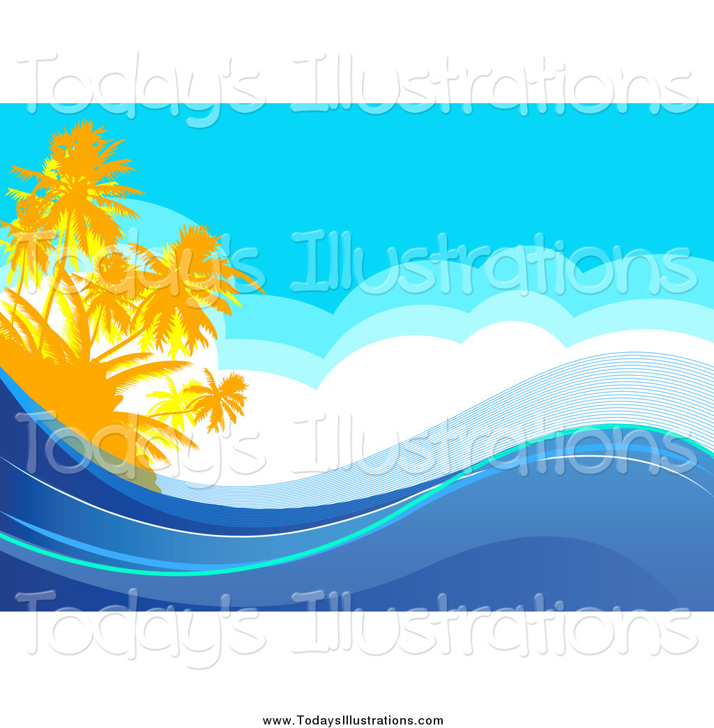Clipart Of A Tropical Sea Background With Palm Trees Clouds And Waves    