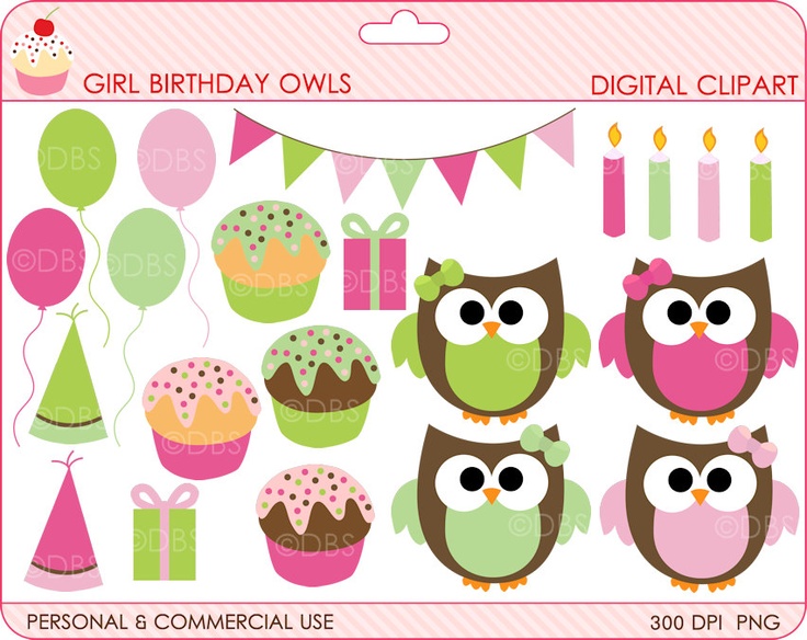 Digital Clipart Owls Clip Art Birthday Girls Party   Girl Birthday
