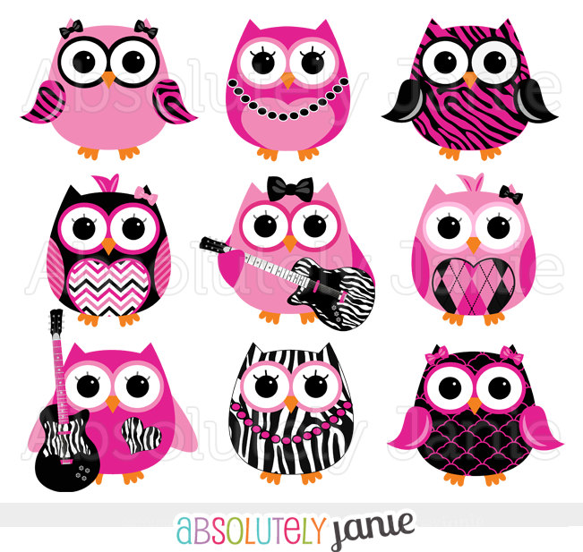 Girly Rocker Owls Zebra Print Digital Clipart By Absolutelyjanie