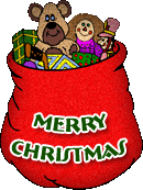 Santa S Big Red Sack Of Presents With Merry Christmas On The Bag   Gif